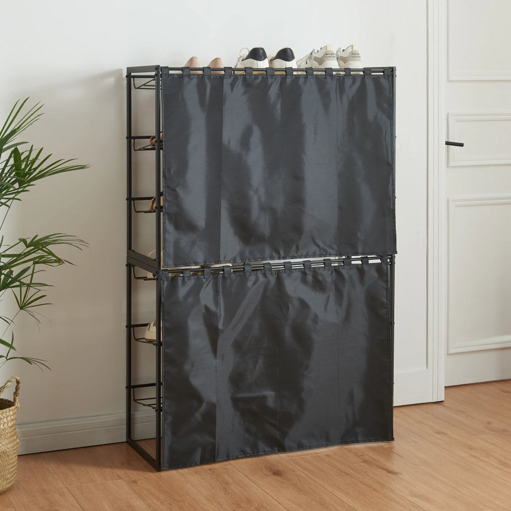 Set di 2 Scaffali Portascarpe Sel Scarpiere in Metallo con Tendine - Nero [en.casa]