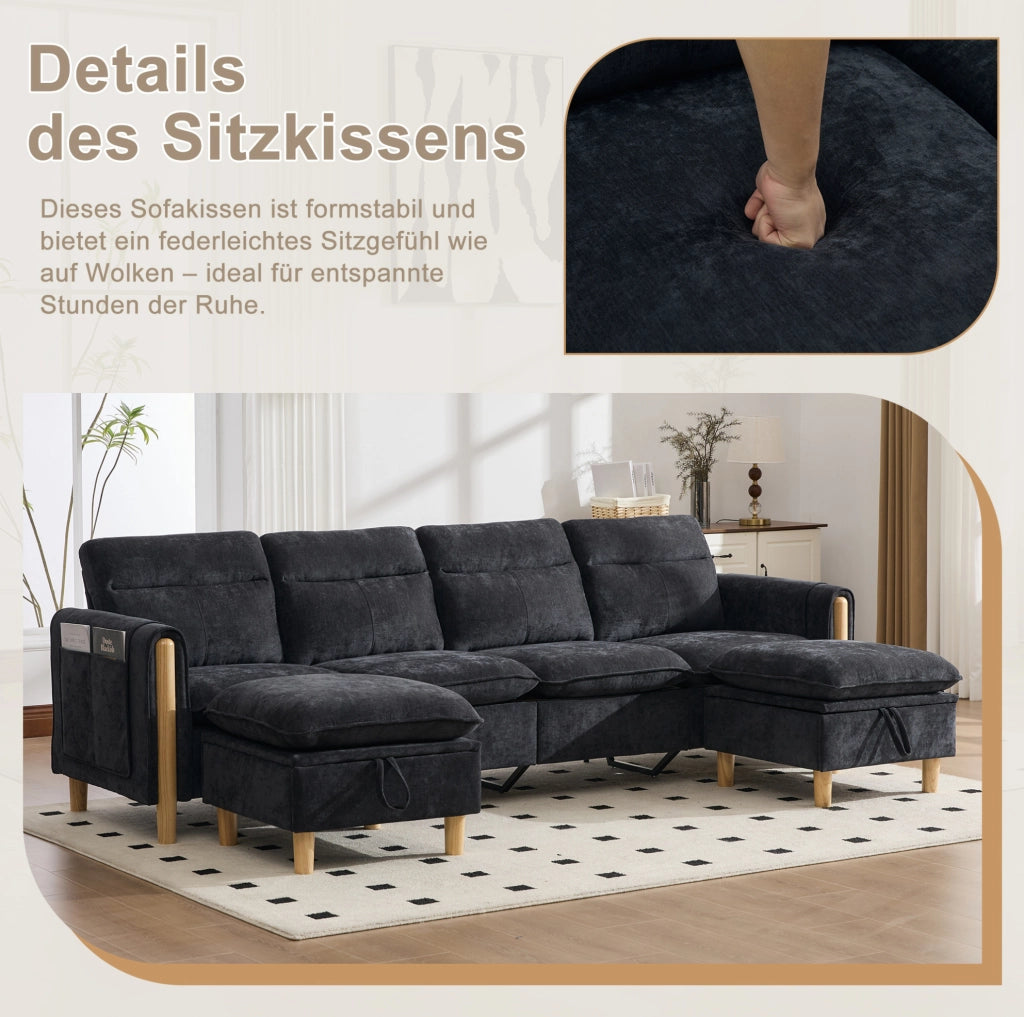 Divano modulare a U a 4 posti con 2 pouf contenitore; chenille nero