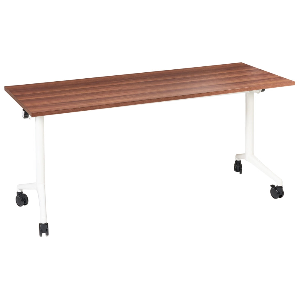 Scrivania rettangolare pieghevole con rotelle portatile con struttura in metallo marrone scuro e bianco 160 x 60 cm stile moderno