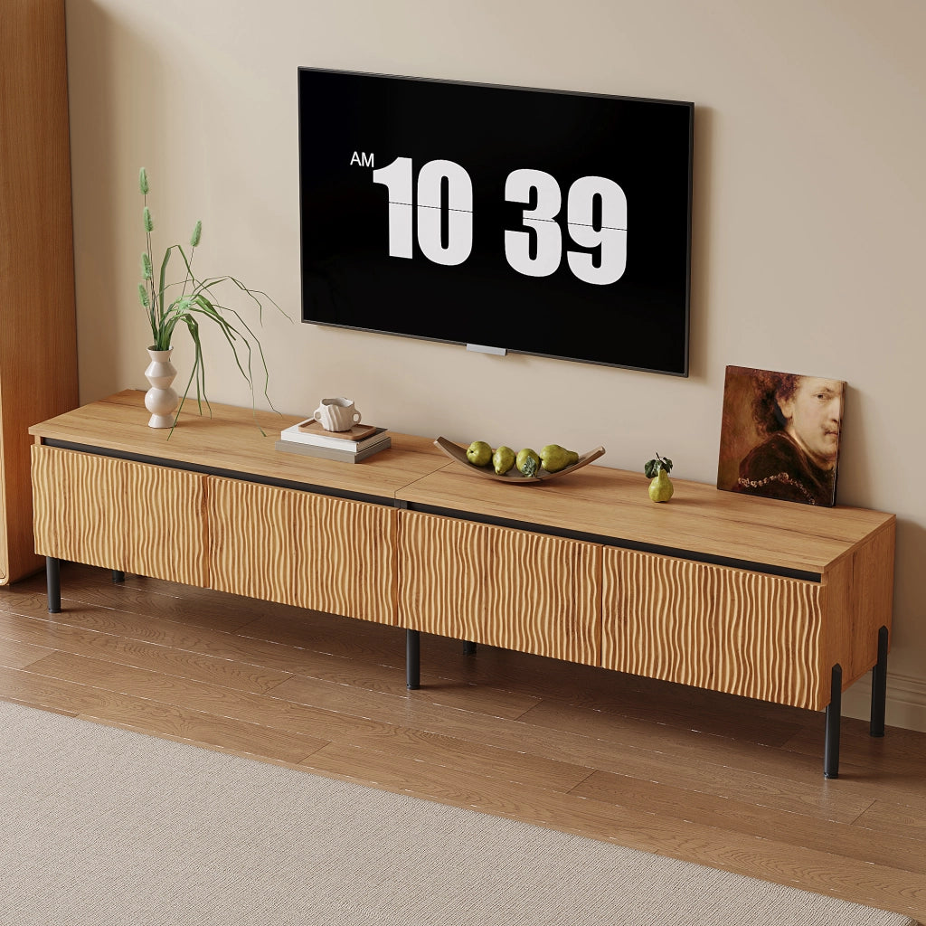 Mobile porta TV con 4 ante ondulate e 2 vani chiusi, fori passacavi, in MDF e truciolare, naturale, 180 × 35 × 43 cm