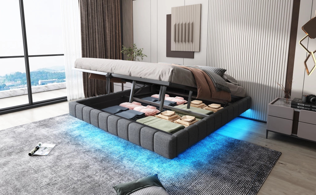 DESMIU Letto imbottito 180 × 200 cm 2 posti con LED regolabile e contenitore, senza materasso, in lino grigio