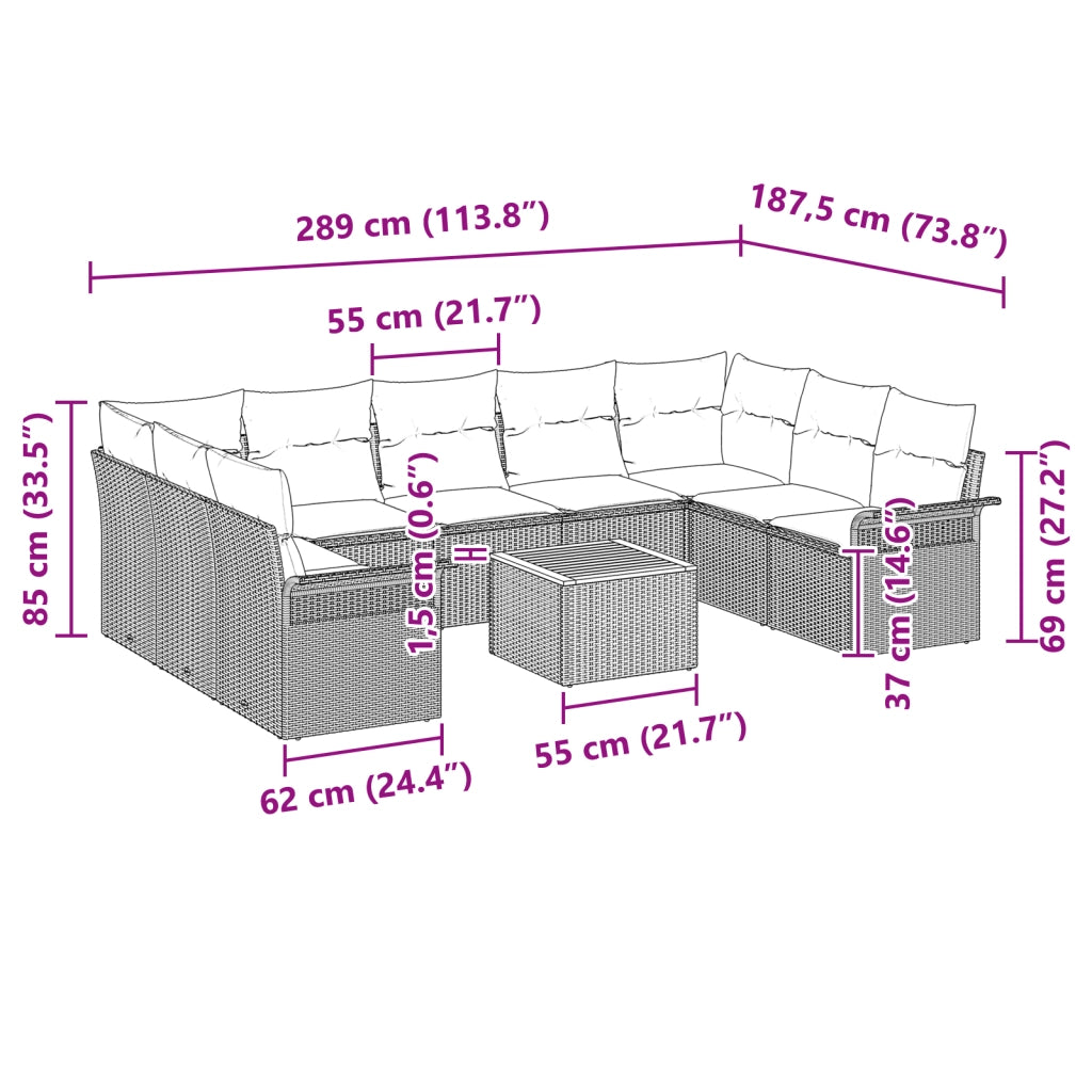 Set di Divani da Giardino da 10 Pezzi con Cuscini Grigio Polyrattan Acacia