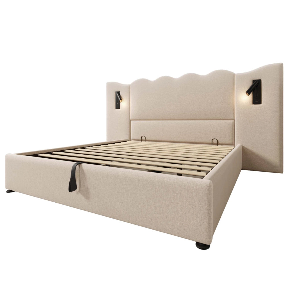 Letto matrimoniale imbottito 180x200 cm in lino beige con lampada da lettura e porta USB/Type-C; contenitore