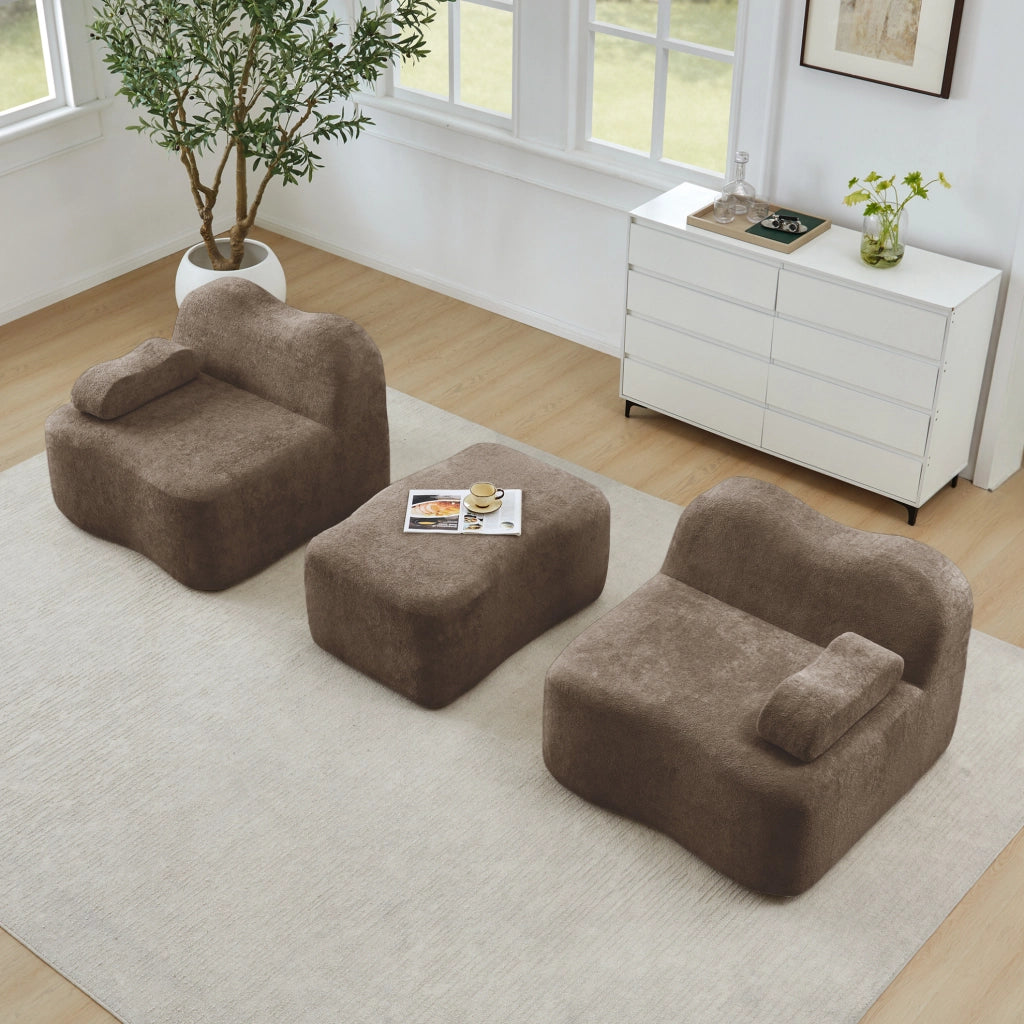 Divano angolare modulare a onde in velluto marrone con pouf collegabile