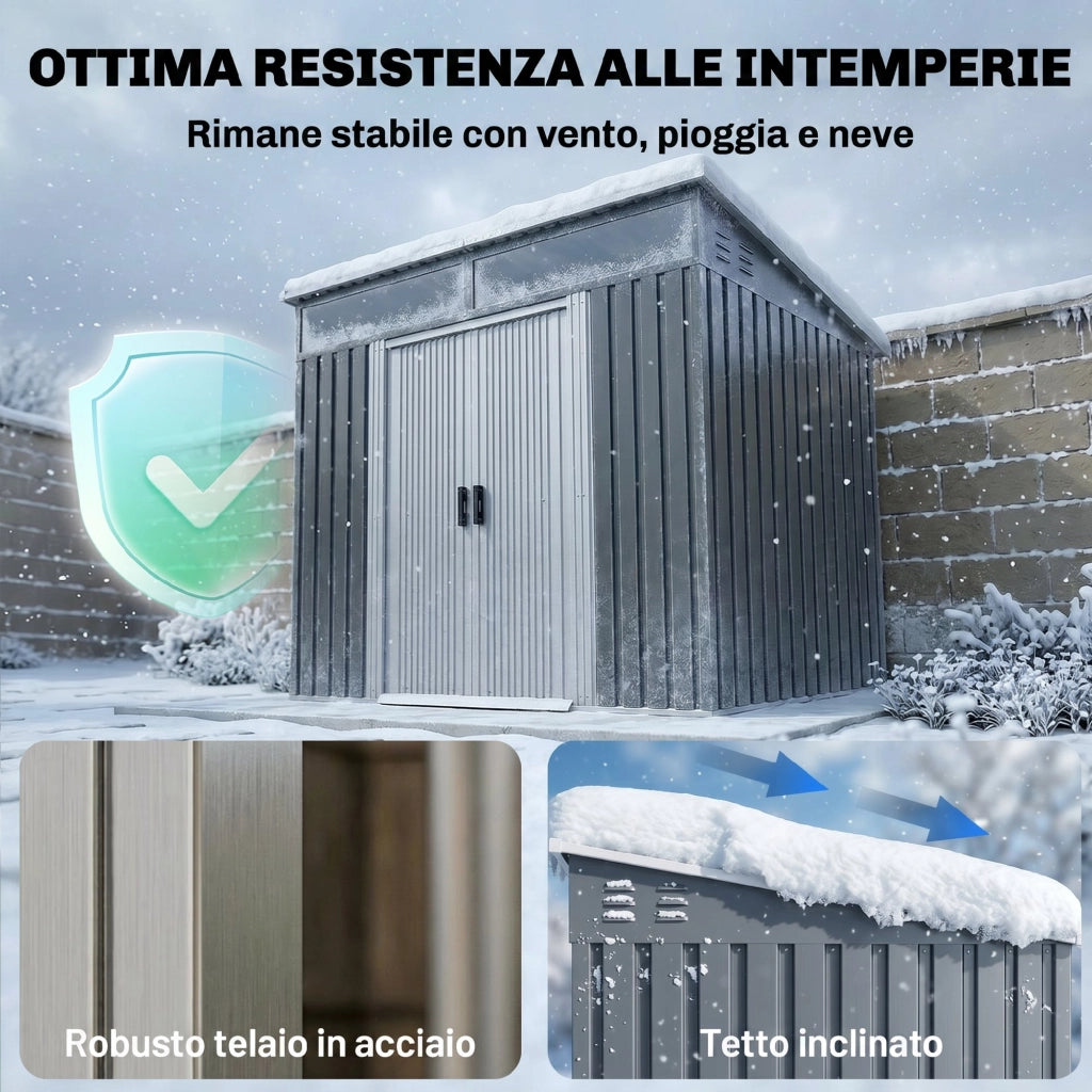 Casetta da Giardino Porta Attrezzi con 4 Finestre e 2 Ganci, in Acciaio Zincato, 195x122x181.5 cm, Grigio