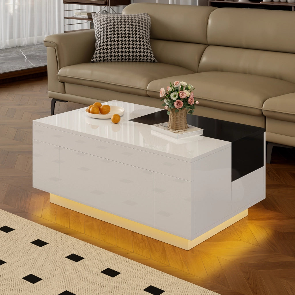 OKWISH Tavolino da Salotto Moderno con Piano Estensibile, Cassetto Nascosto Soft Close e LED Bluetooth, 80 x 50 x 35.5 cm