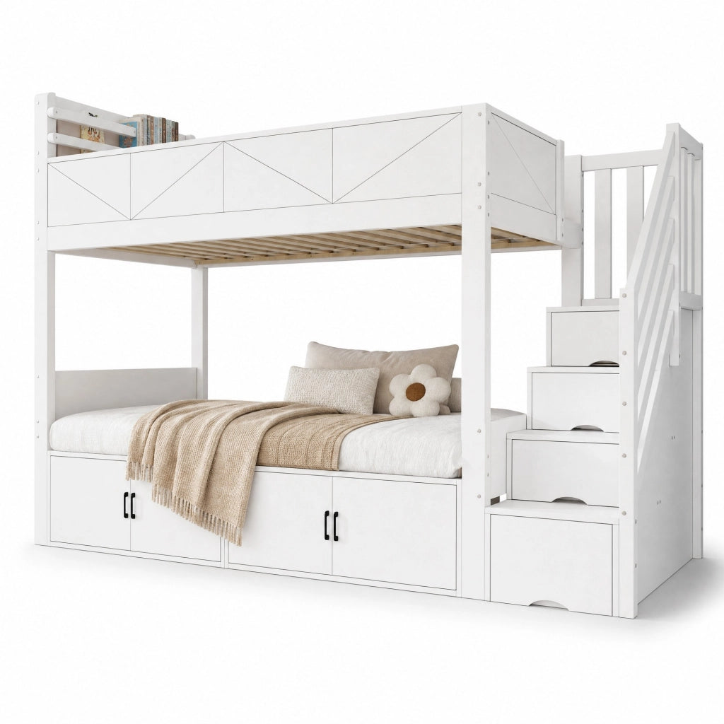 Letto a Castello 90x200 cm; 2 Posti - Scala con Contenitore e Ripiani; in Legno; Bianco