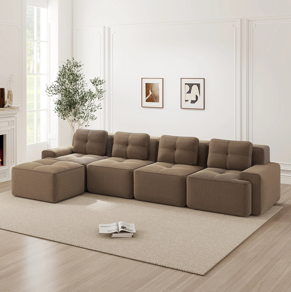 Divano modulare 4 posti con chaise longue in velluto a coste marrone HOMVRA