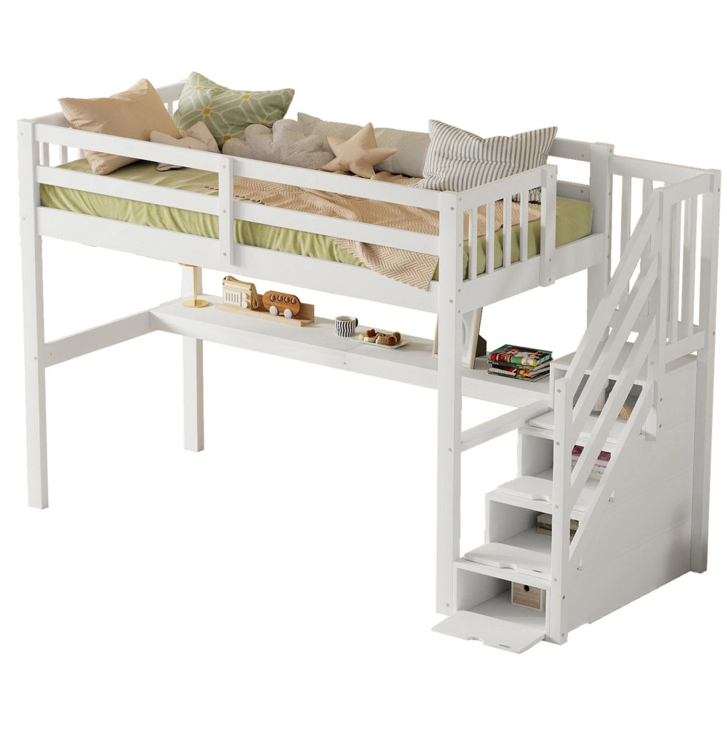 Letto a soppalco 90x200 cm con scrivania e spazio contenitore; pino; bianco (Senza materasso)