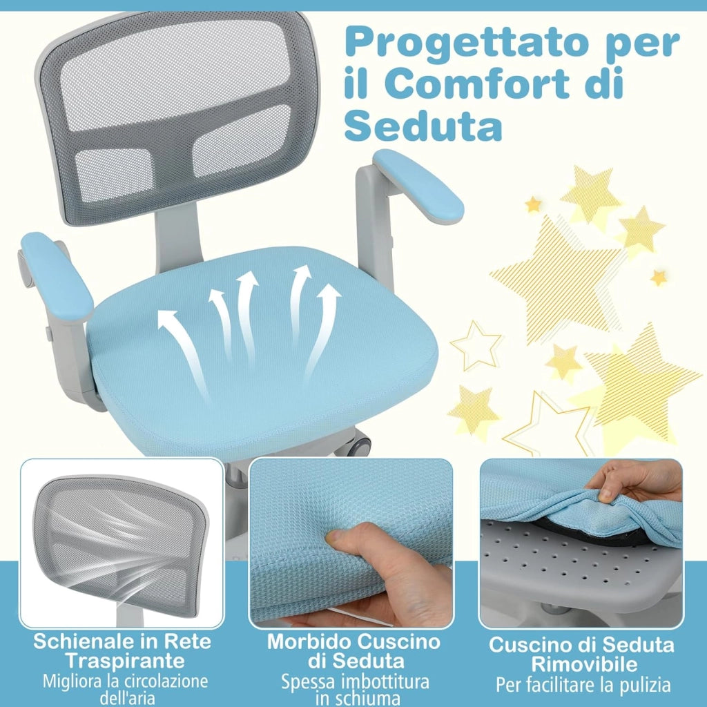 Sedia da Scrivania Bambini Girevole, Altezza Regolabile, Sedia da Studio per Ragazzi con Braccioli a Ribalta e Poggiapiedi, Poltrocina in Rete per Bambini 3-15 Anni, Portata 150 kg (Blu)