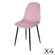 Set di 4 sedie LOLY, seduta e schienale in velluto rosa, struttura in metallo nero.