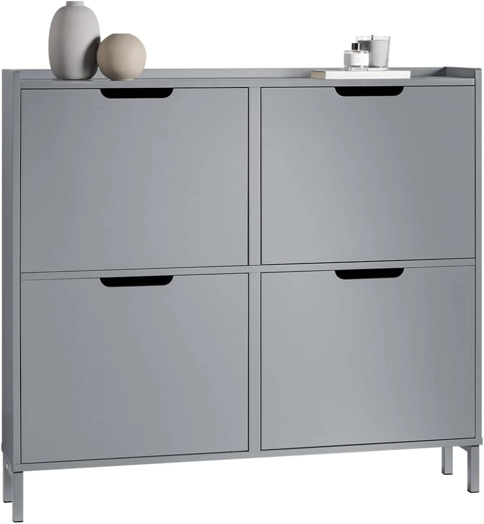 Scarpiera Salvaspazio Slim da Ingresso – Mobile Portascarpe con 4 Ante a Ribalta Regolabili in Legno – Armadio Scarpiera Alta e Stretta per Bagno o Corridoio, 100x19x91 cm，Naturale, FSR100-N