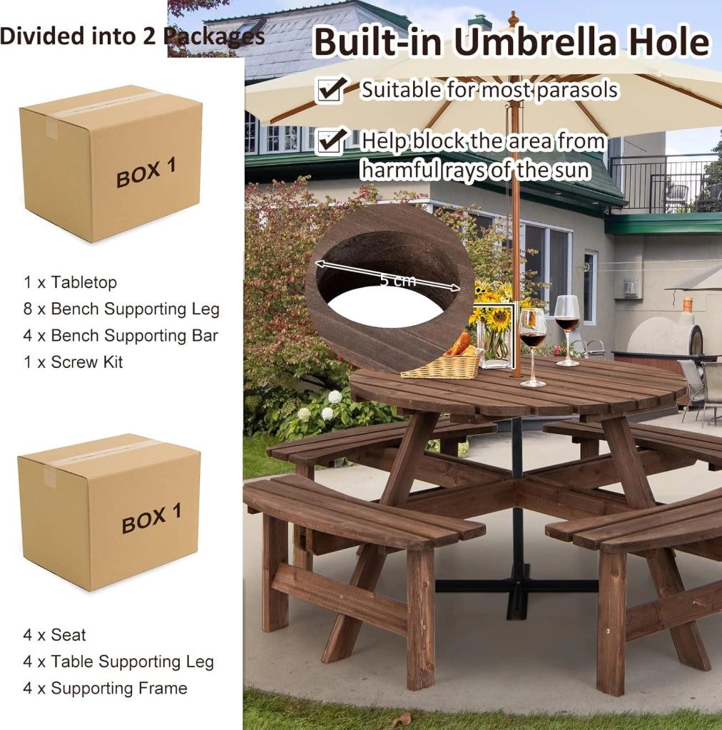 Tavolo da Picnic per 8 Persone con Foro per Ombrellone, Tavolo con Panche in Legno di Abete, Set da Giardino Esterno per Bar, Agriturismo, Sagra, Patio, Balcone, φ179 x 70 cm (Marrone Scuro)