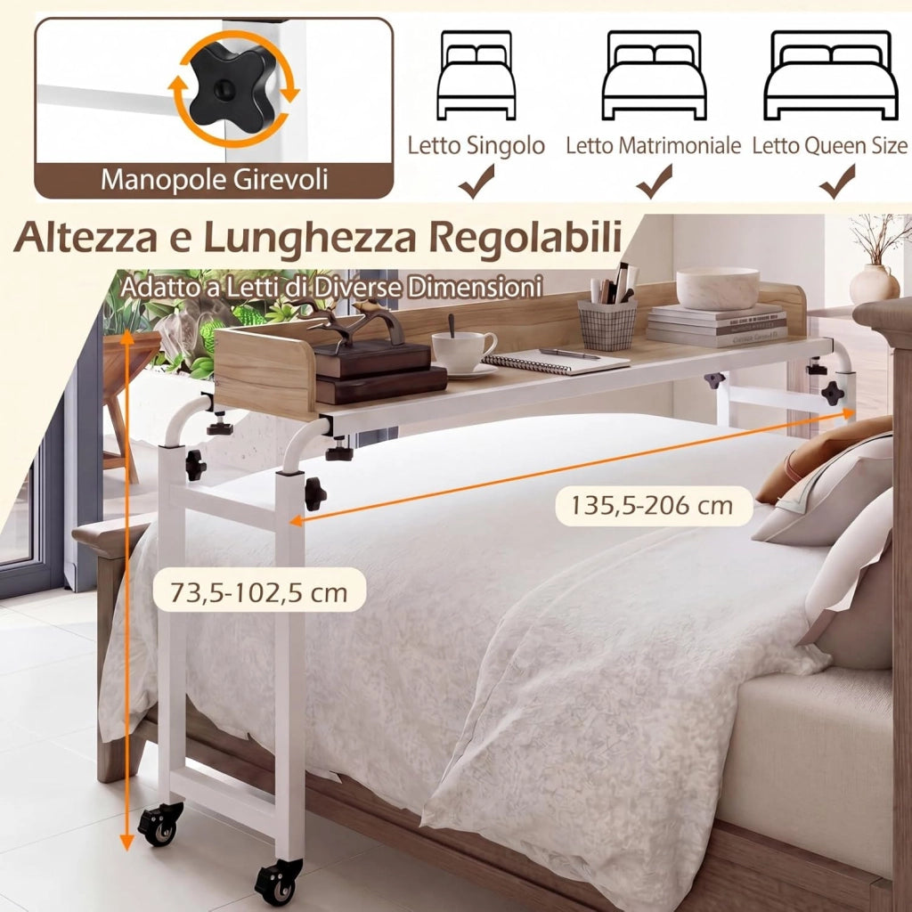 Scrivania da Letto con Ruote, Tavolino da Letto Salvaspazio con Altezza e Lunghezza Regolabili, Telaio in Metallo, Scrivania Portatile per Camera da Letto, Soggiorno e Ospedale (Naturale)