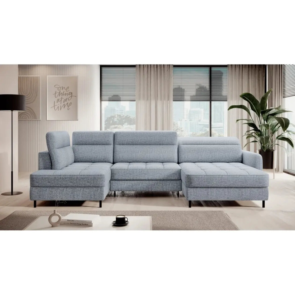 Divano angolare trasformabile BERTHO 306 cm blu grigio effetto melange – Angolo destro con contenitore