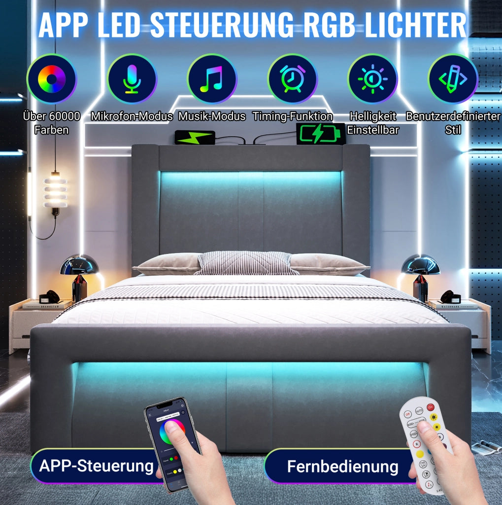 Letto singolo 90x200 cm con contenitore, LED e USB, grigio