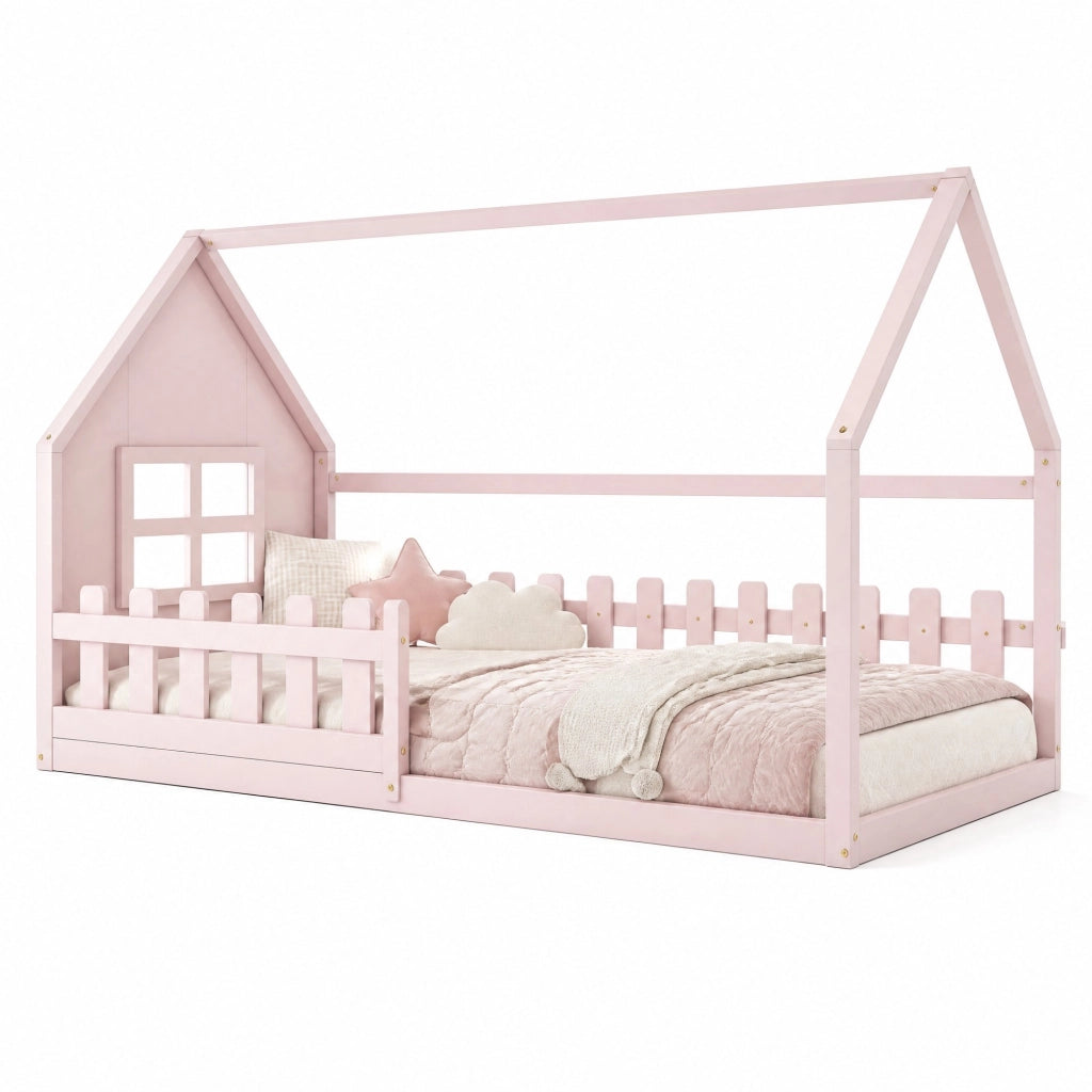 Letto per bambini a forma di casa 90x200 cm in pino e MDF; rosa