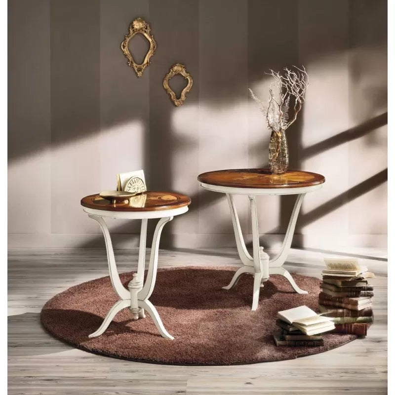 Tavolino rotondo legno intarsiato shabby 80x80x77 - Mobili 2G