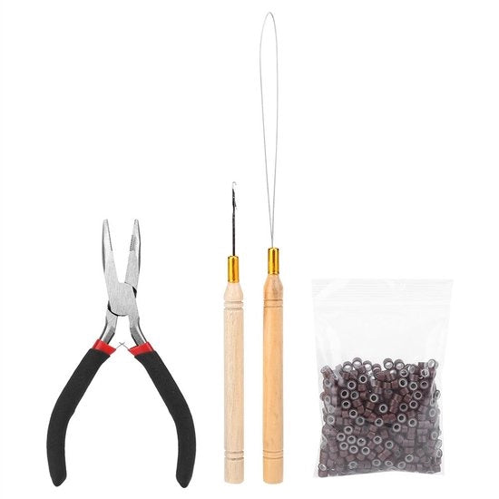 Kit di Trattamento Capelli - 2 Pezzi di Apparecchio a Treccia - 500 Anelli Micro - Materiale Plastica/Legno - Lunghezza 12 cm - Set Completo di Attrezzatura per Trattamento Capelli