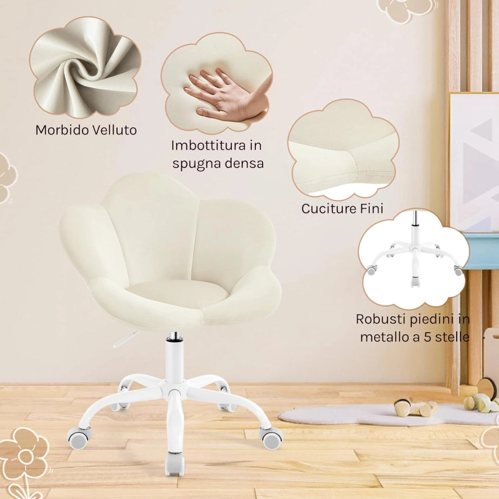 Sedia da Scrivania per Bambini, Sedia Ufficio Ergonomica Girevole e Regolabile in Altezza con Rotelle, Seduta a Forma di Fiore per Studio, Camera da Letto, Velluto, Beige