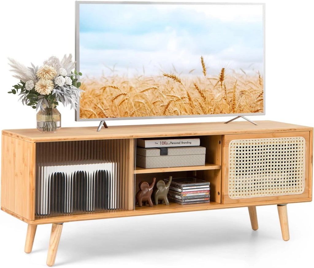 Mobile TV per TV Fino a 55", Mobile Porta TV Salloto, Mobiletto Soggiorno con 2 Ante Scorrevoli, Tavolo Consolle con Gambe in Legno Gamba, 120,5 x 31 x 45,5 cm (Naturale)