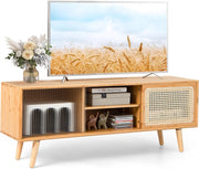 Mobile TV per TV Fino a 55", Mobile Porta TV Salloto, Mobiletto Soggiorno con 2 Ante Scorrevoli, Tavolo Consolle con Gambe in Legno Gamba, 120,5 x 31 x 45,5 cm (Naturale)