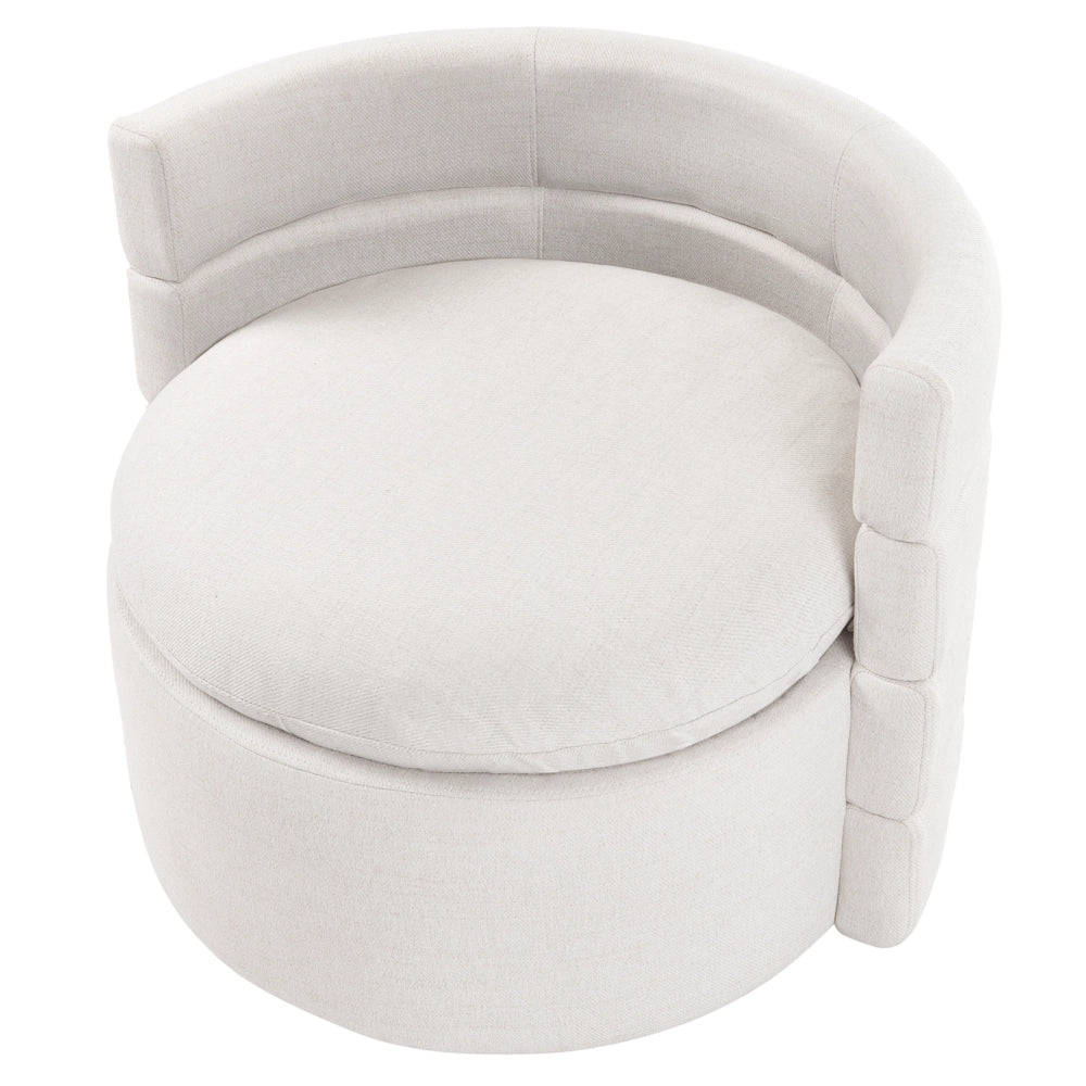 Poltrona in tessuto con schienale curvo base girevole a 360° con contenitore cuscini decorativi bianco sporco stile retrò angolo lettura