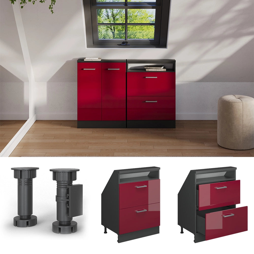 Mobile cucina sottotetto R-Line Rosso lucido/Antracite 60 cm con 2 cassetti Vicco