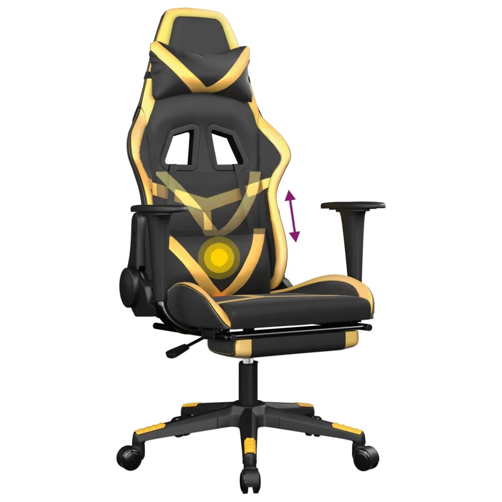 Sedia da Gaming | Sedia da e-sports Massaggiante Poggiapiedi Nero e Oro Similpelle