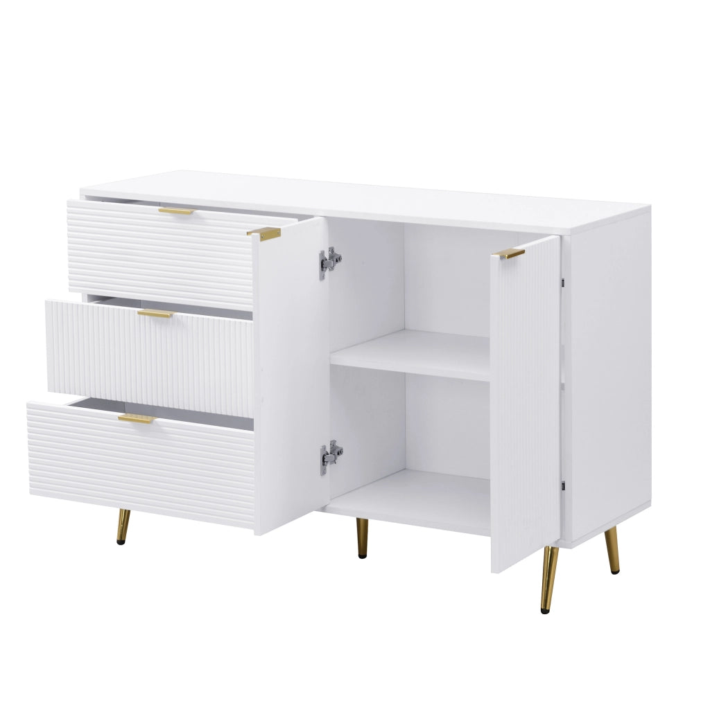 Credenza 120x38x80.5 cm con 3 cassetti e 2 ante; MDF bianco e oro