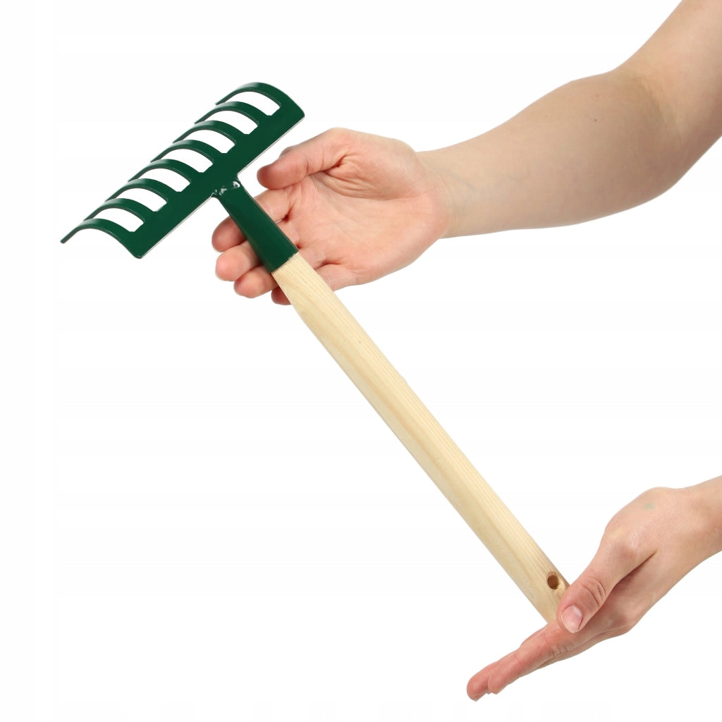KADAX Piccolo rastrello per foglie ed erba da giardino, 36 cm, 8 denti, manico in legno