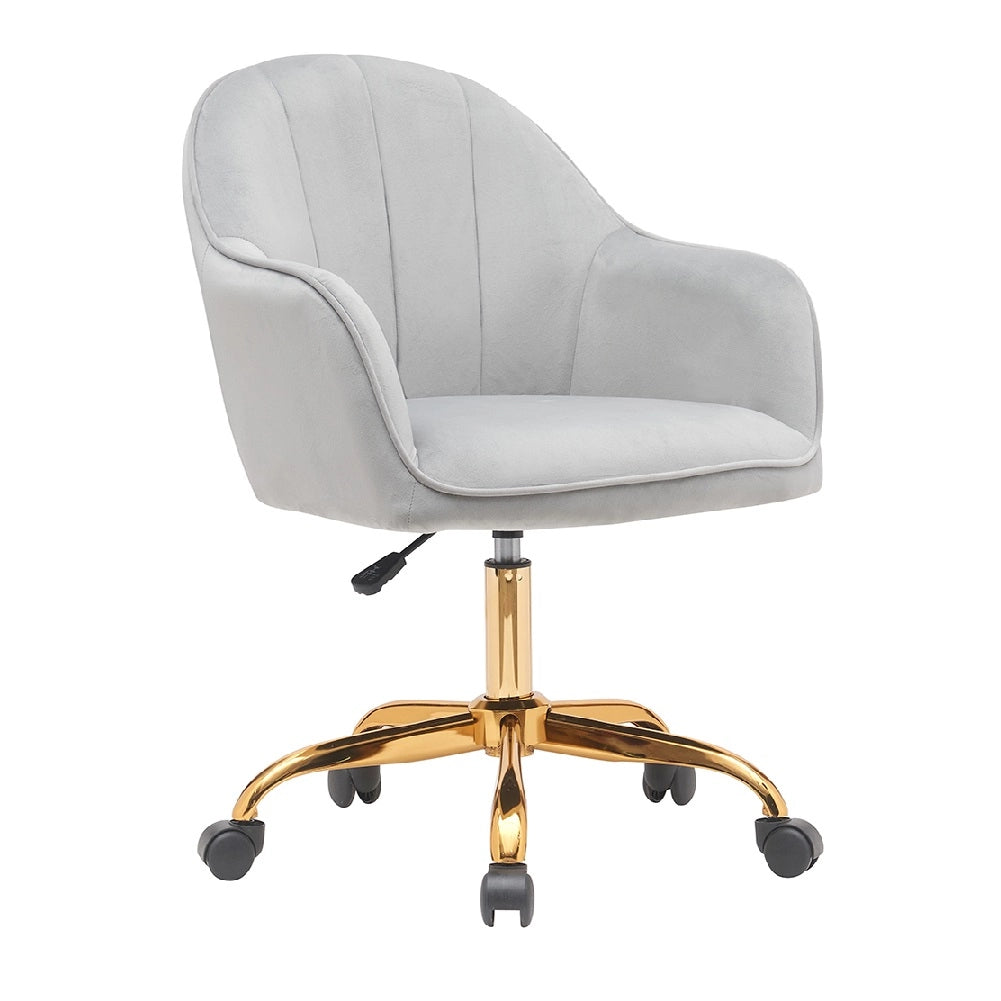 Sedia Poltrona Girevole Casa Ufficio in Velluto Grigio e Metallo Oro 5 ruote Elegante