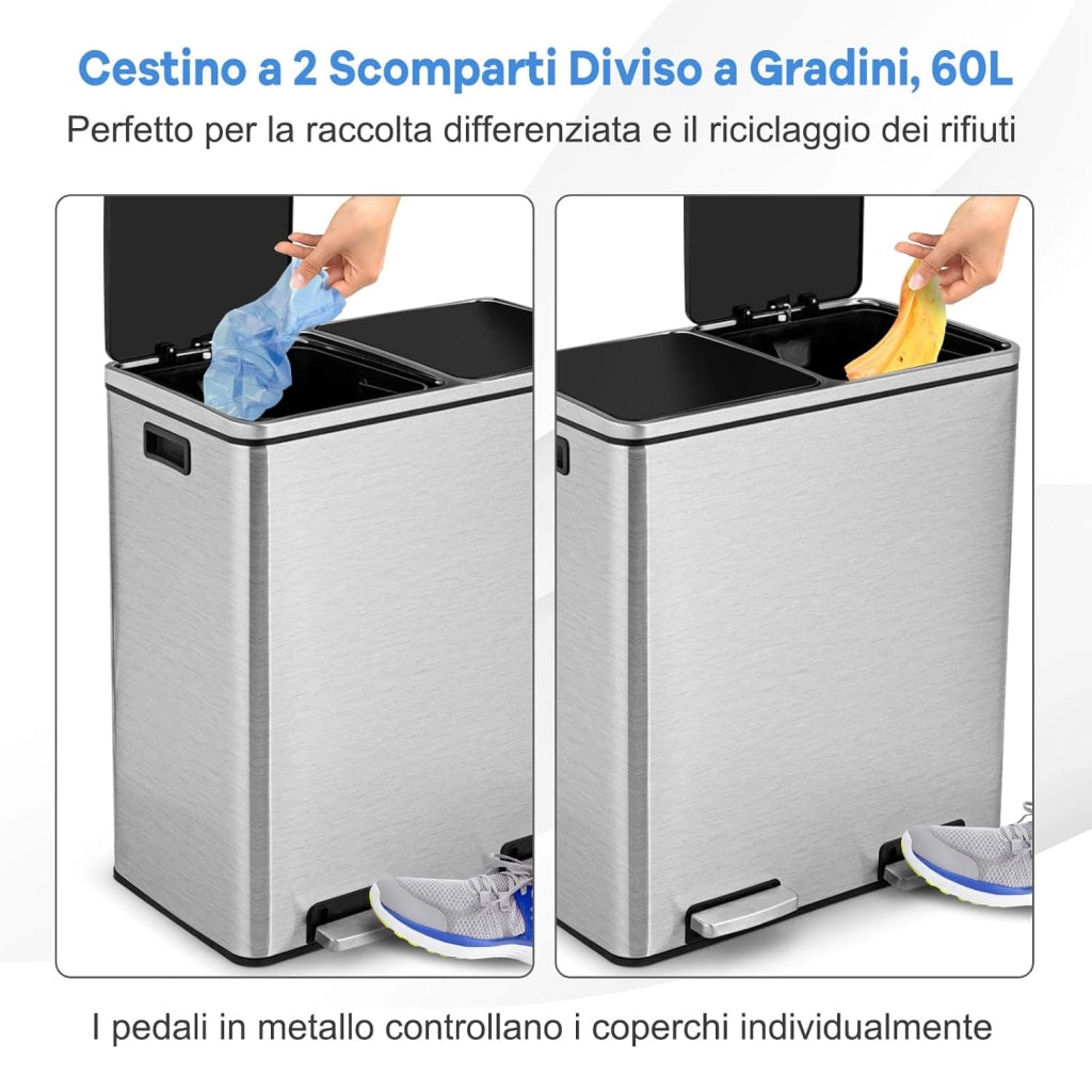 60 L Pattumiera per Differenziata 2 Scomparti, Secchi Spazzatura a Pedale in Acciaio, Cestino per la Spazzatura per il Bagno Cucina Ufficio Casa, 60 x 33 x 66 cm