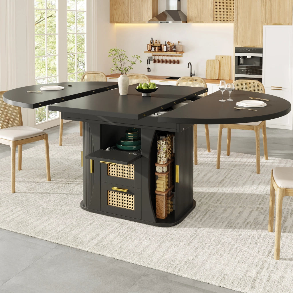 Tavolo da pranzo allungabile con contenitore; cassetti effetto rattan; in MDF e metallo; nero