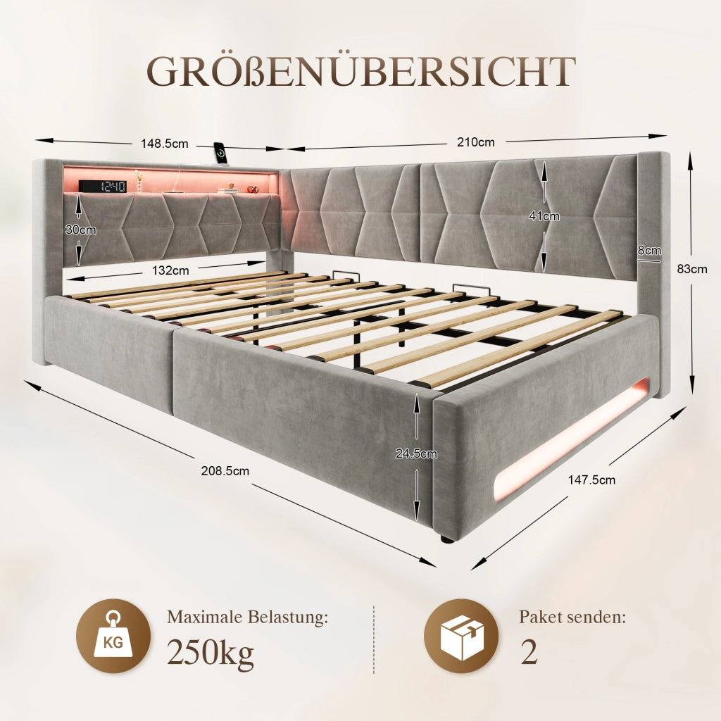 LETTO imbottito 140x200 cm con contenitore, velluto grigio scuro, LED, USB e Type-C