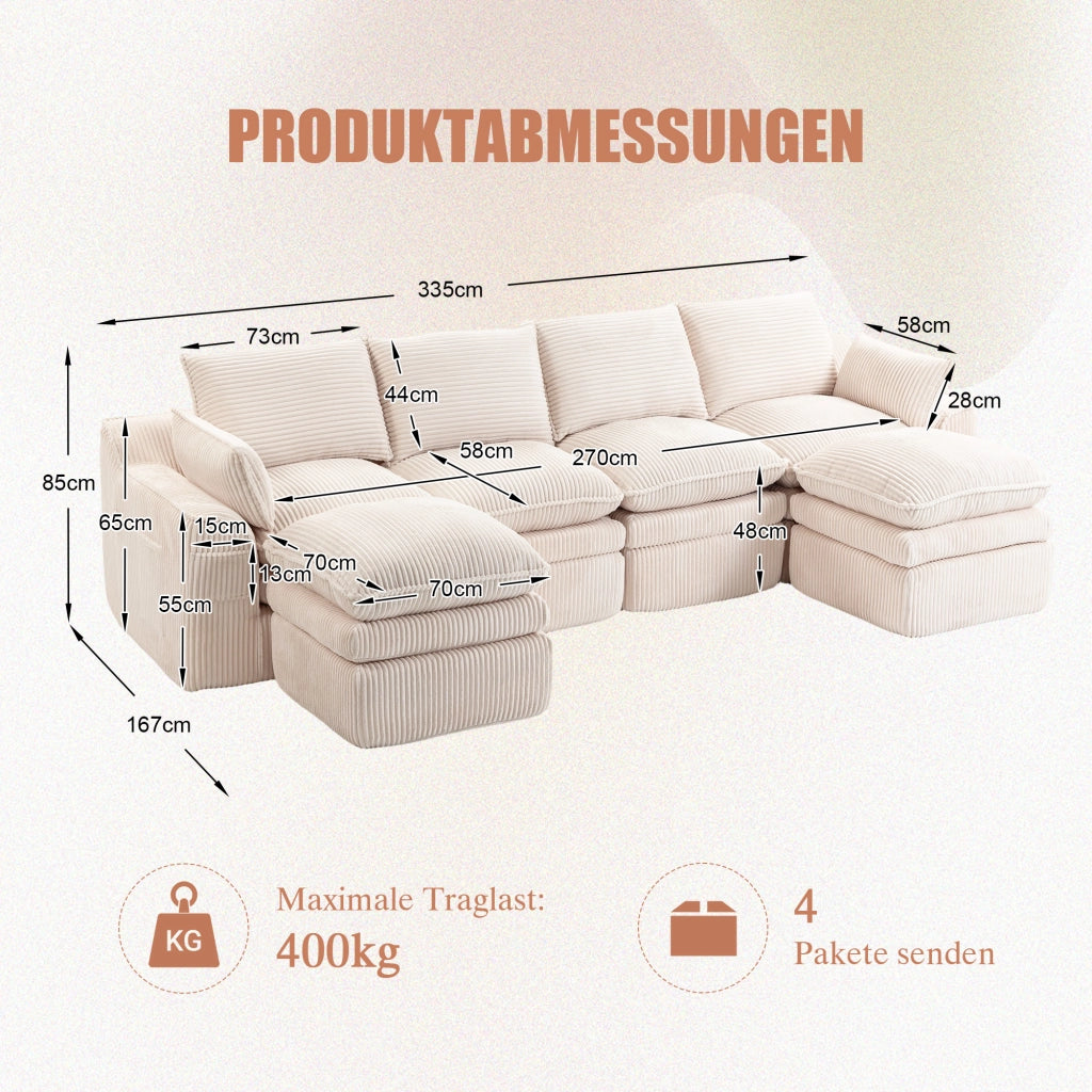 Divano modulare in corduroy beige con tasche laterali, cuscini inclusi e struttura in schiuma a 3 strati