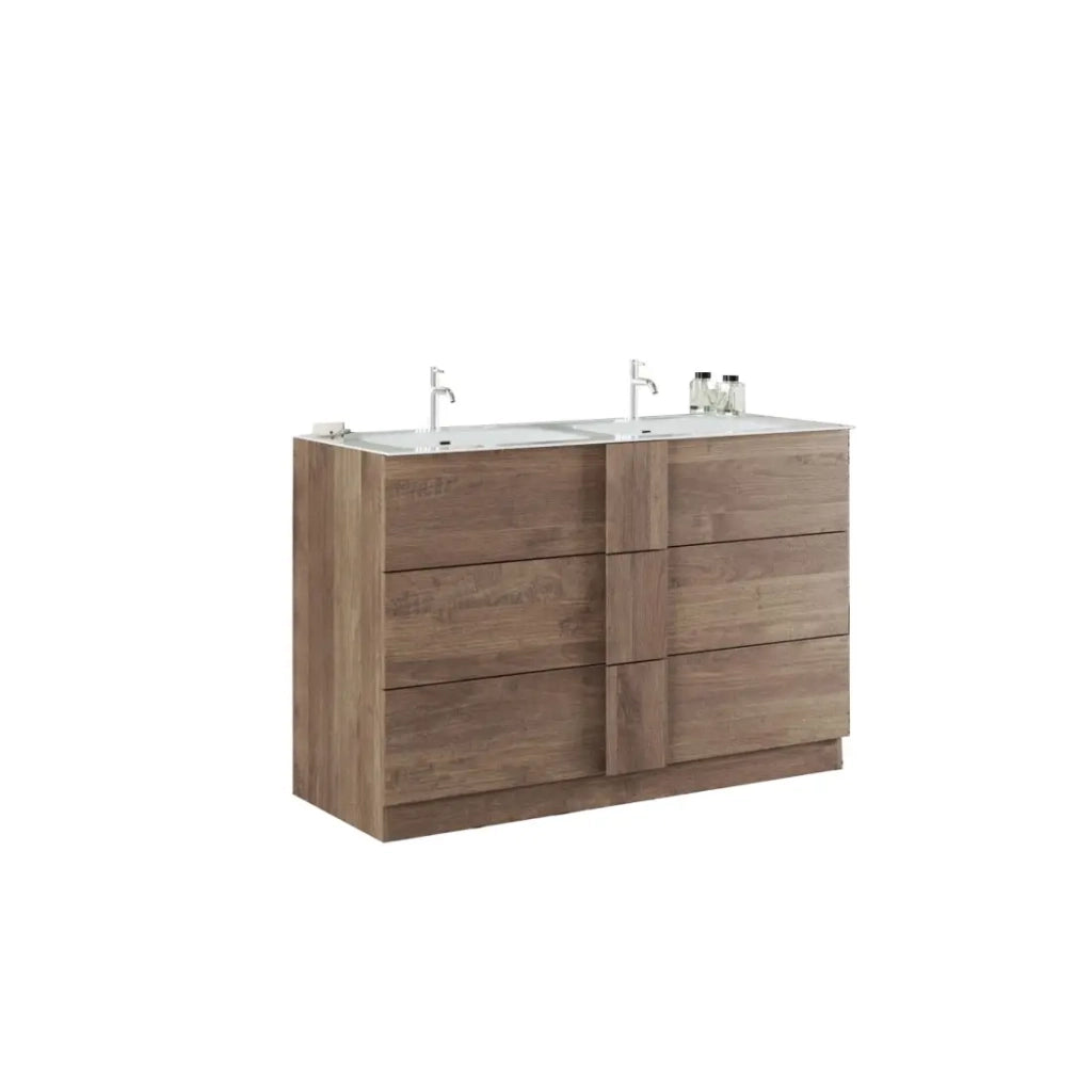Mobile da bagno con due lavandini e 3 cassetti, collezione FRASSI. Colore rovere chiaro.