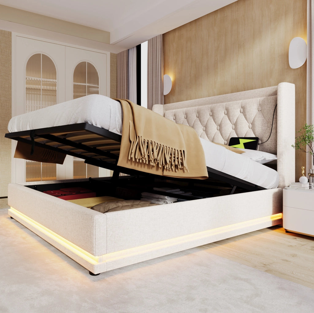 Letto con contenitore idraulico; LED; USB e Type-C