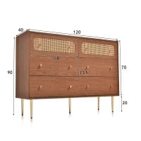 Credenza cucina Vintage con 6 Cassetti con Rattan e Maniglie Dorate per Camera da Letto e Soggiorno, Noce