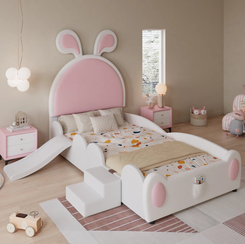 Letto singolo imbottito per bambini con scivolo e scaletta; orecchie da coniglio; PU bianco e rosa; 90x200 cm