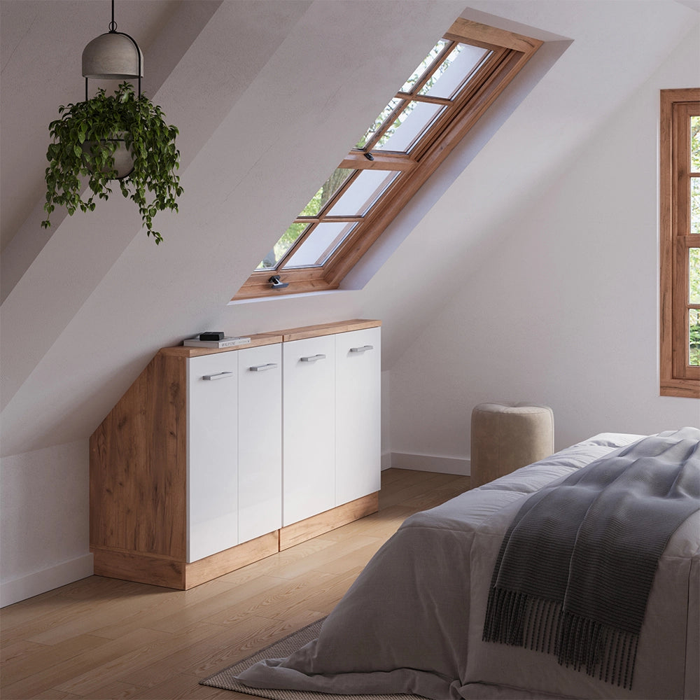 Set di mobili sottotetto Rion Bianco lucido/Rovere dorato Set di 2 Vicco