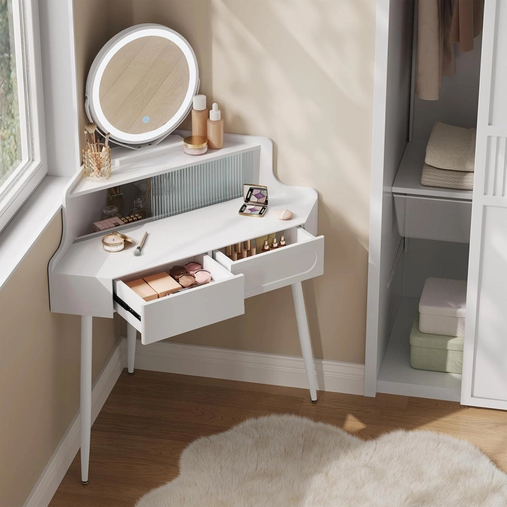 WOLTU Toeletta ad Angolo con Luce, Specchio Dimmerabile, Tavolo da Toilette, 2 Cassetti, 1 Ripiano con Divisorio in Vetro, Tavolino Salvaspazio, Gambe in Metallo, Bianco