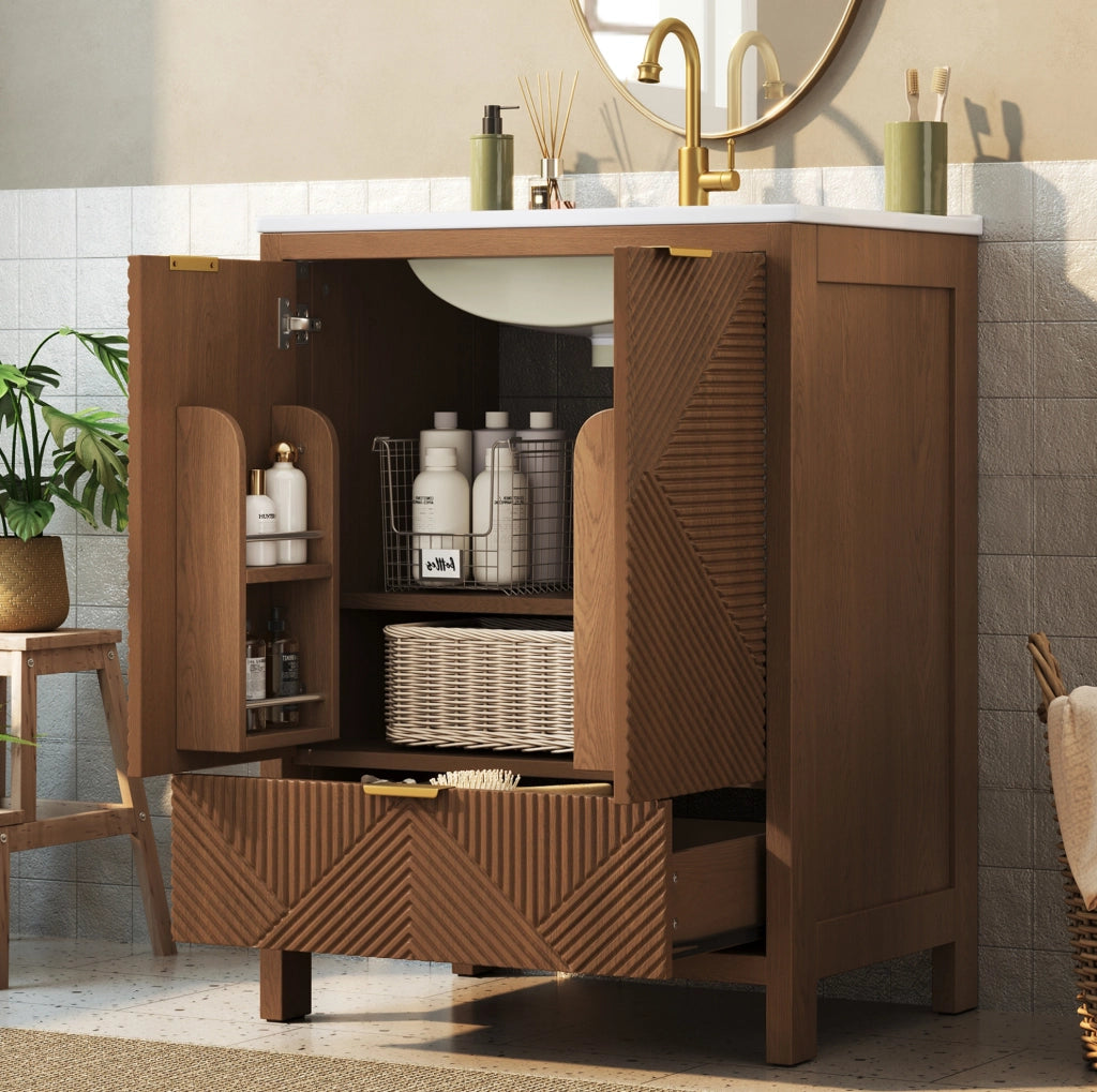 Mobile bagno freestanding 61 cm con lavabo in ceramica; 2 ante soft-close e cassetto; noce