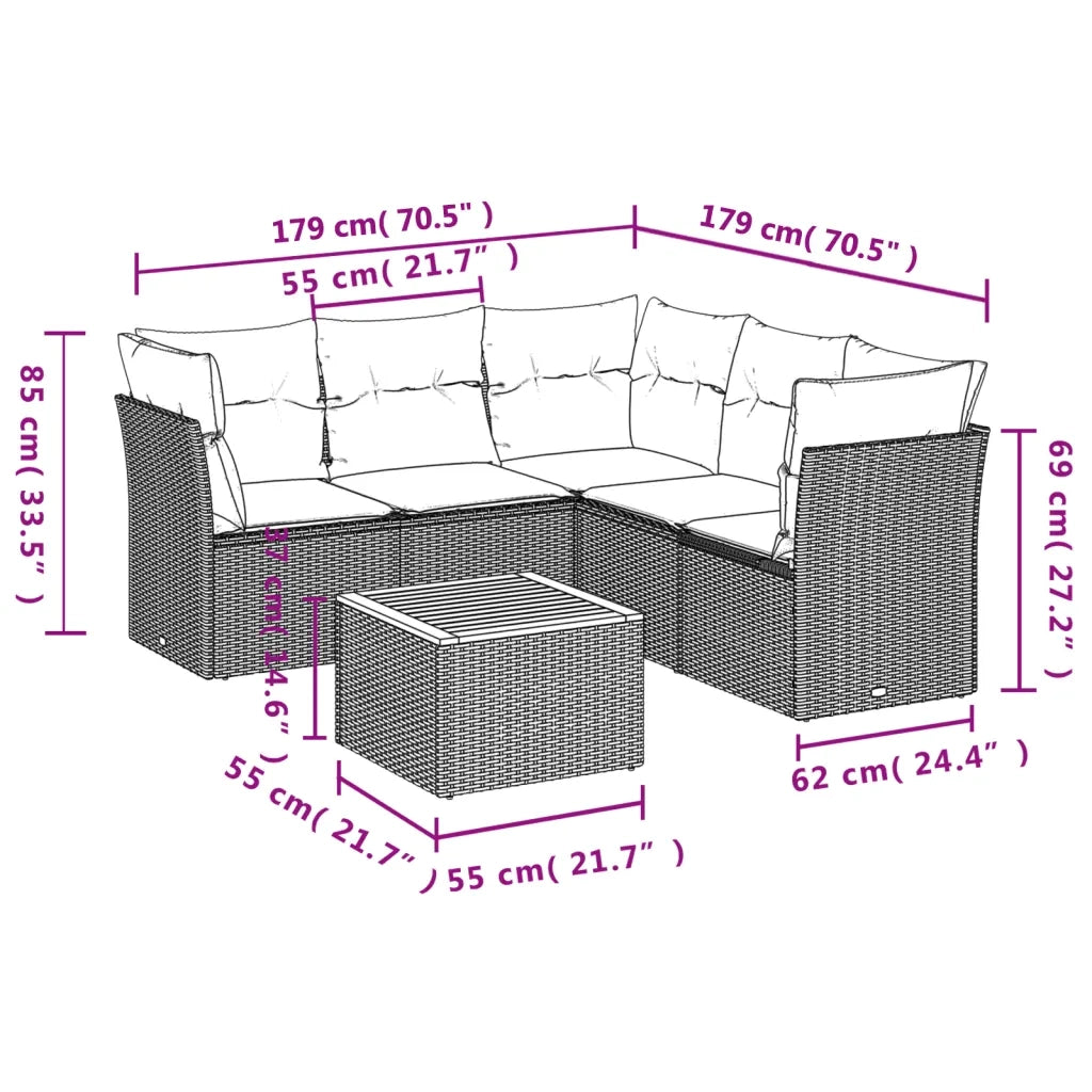 Set Divano da Giardino 6 pz con Cuscini Beige in Polyrattan