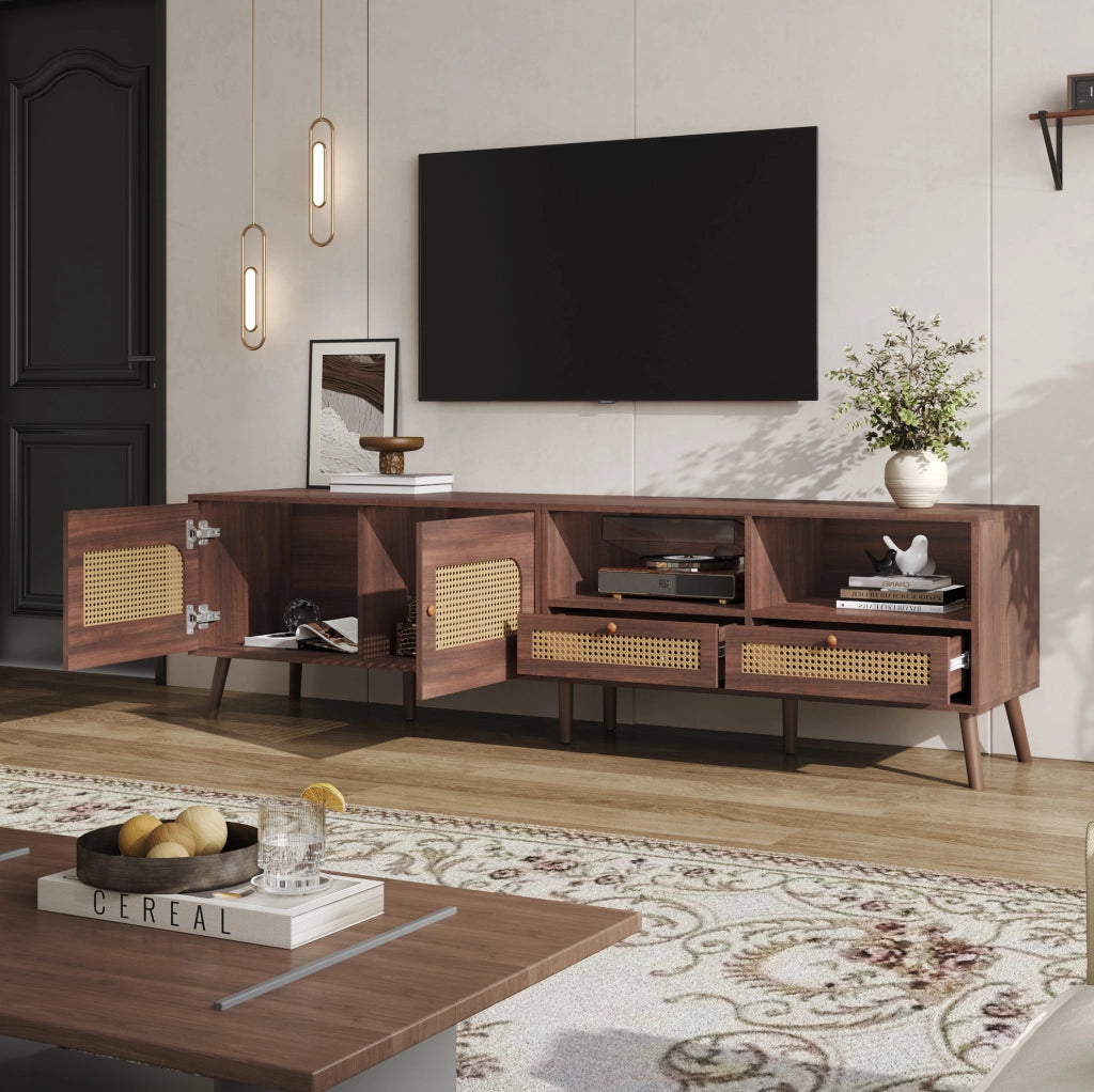 Mobile TV moderno con ante in rattan e 2 cassetti