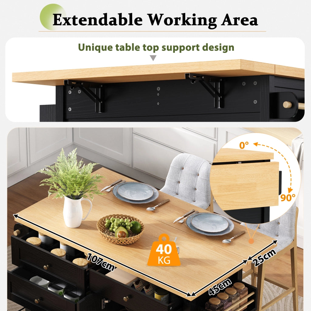 Carrello da Cucina con 2 Ante; Cassetti; Piano Estensibile; Portaasciugamani e Ruote in MDF 107 x 45-70 x 90.5 cm Nero e Naturale