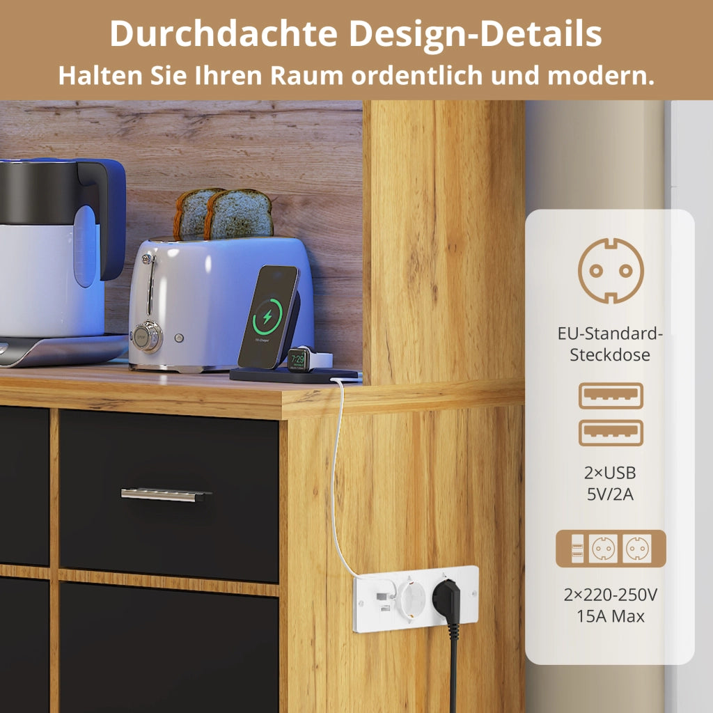 Credenza da Cucina Alta con 6 Ante; 3 Cassetti; Ripiani Regolabili; LED e Prese; in MDF; 100 x 40 x 180 cm; Naturale Nero