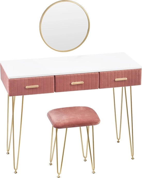 Toiletta con Sedia e Specchio - Kaptafel - Rosa - Telaio in Velluto - 3 Lavi - Moderno - Legno - Specchio e Sedia Inclusi
