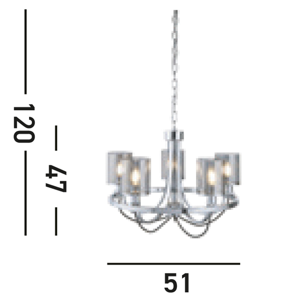 Lampadario Contemporaneo Catalina Acciaio Cromo Vetro Fumè 5 Luci E14