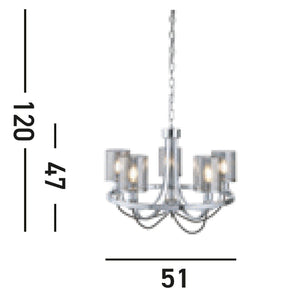 Lampadario Contemporaneo Catalina Acciaio Cromo Vetro Fumè 5 Luci E14